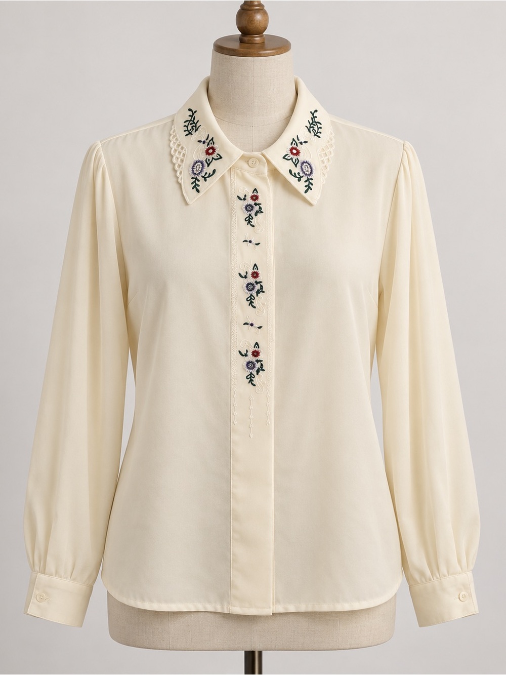 Embroidered Cream Long-Sleeve Collared Blouse